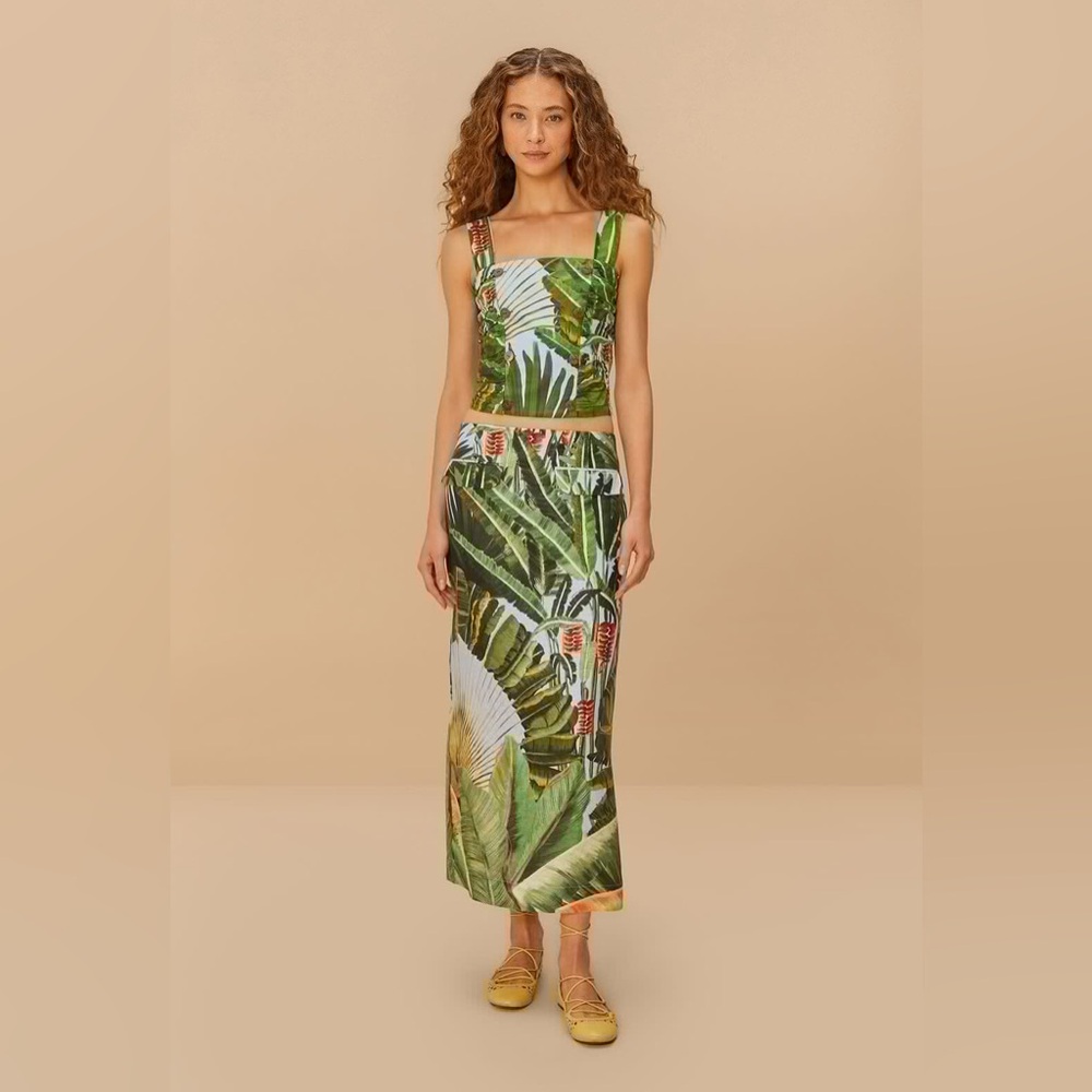 FARM Rio Green Tropical Print Midi Skirt